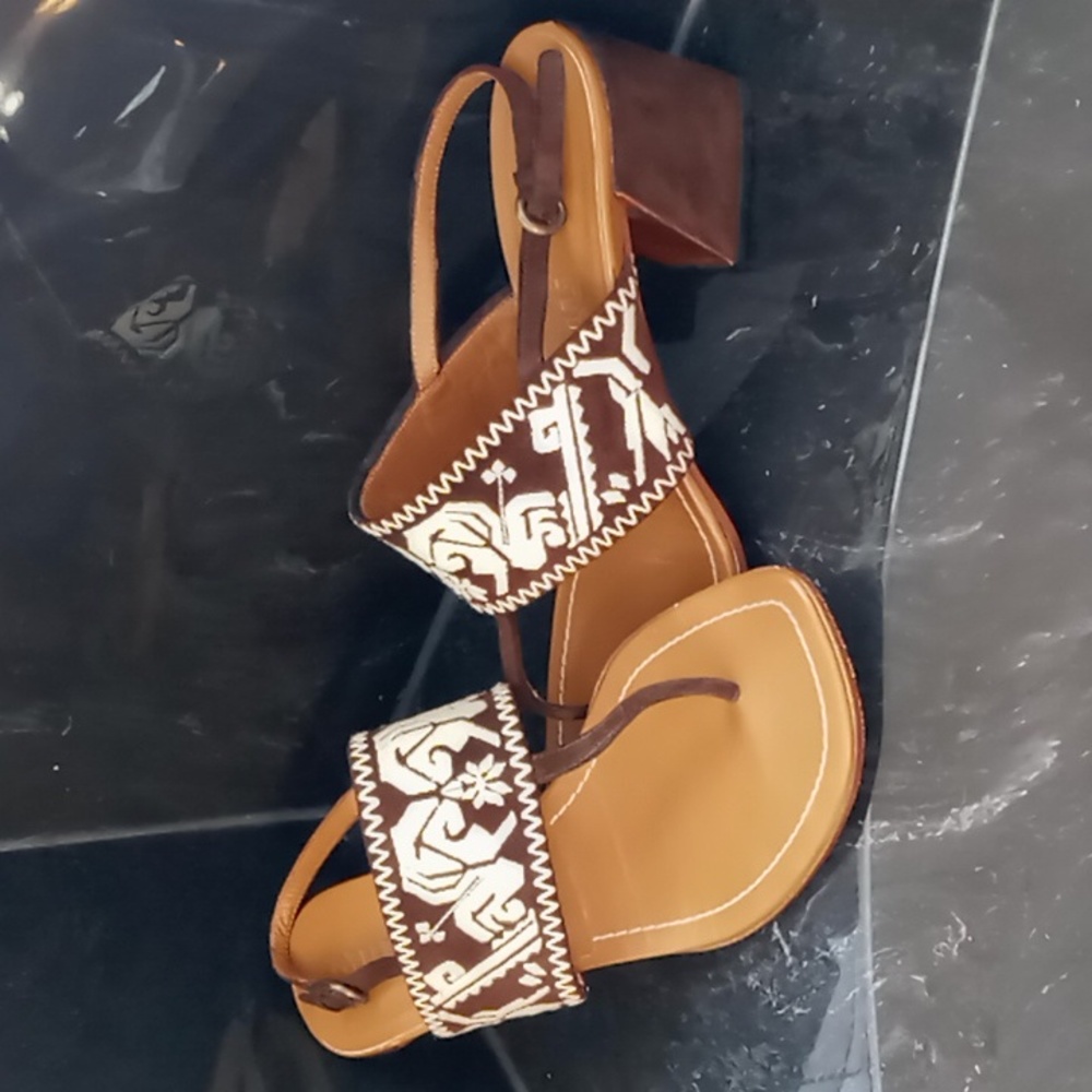 Miu Miu Embroidered Thong Sling Back Sandal Suede Block Heel Size 38.5 Brown